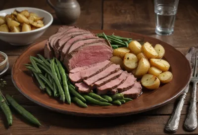 A dinner plate of sliced roast beef, potatoes and green beans on a bare wooden table.