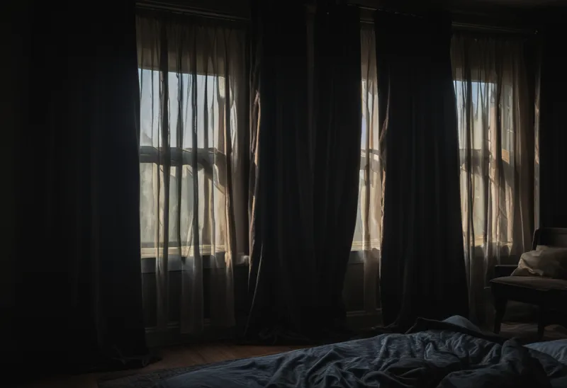 Drawn blackout bedroom curtains with intense midday daylight leaking around all four edges.