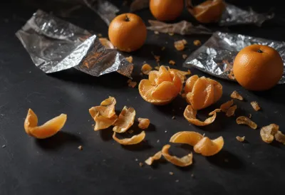 A dark office desk at dusk scattered with crumbs, paperwork, a curl of tangerine peel and a tightly knotted wrapper