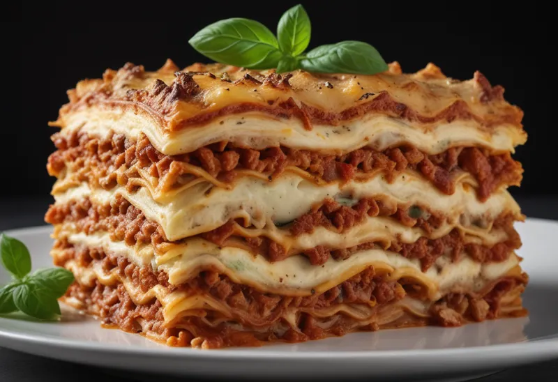 A thick slice of layered vegetable lasagna standing upright on a plate, its many layers visible from the side