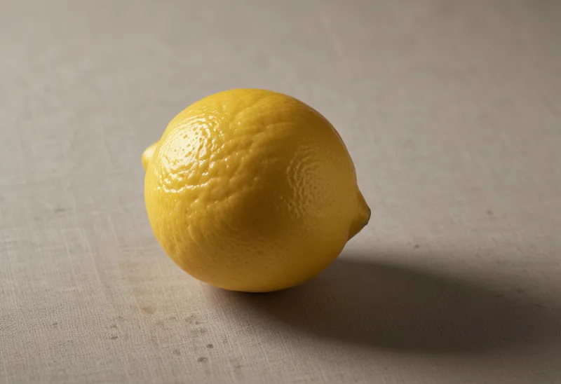 A single whole lemon on pale linen.