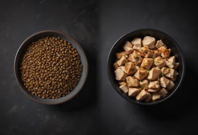 Overhead view of two dark bowls side by side, the left filled with brown lentils, the right with diced cooked chicken, in matching servings