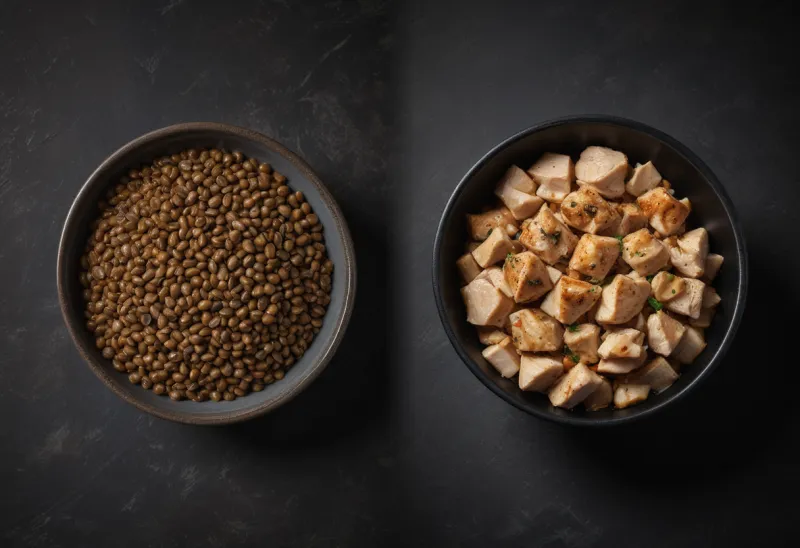 Overhead view of two dark bowls side by side, the left filled with brown lentils, the right with diced cooked chicken, in matching servings