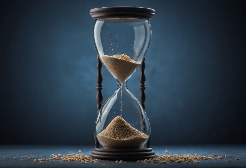 Extreme macro photograph of the narrow neck of an hourglass with a thin trickle of sand still falling through it, against a deep blue-grey background