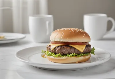 A single cheeseburger on a plain white plate on a diner table.