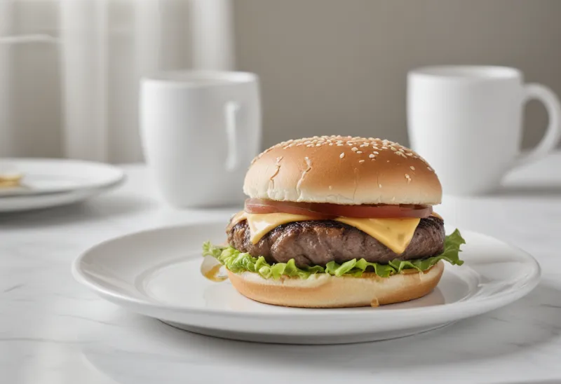 A single cheeseburger on a plain white plate on a diner table.