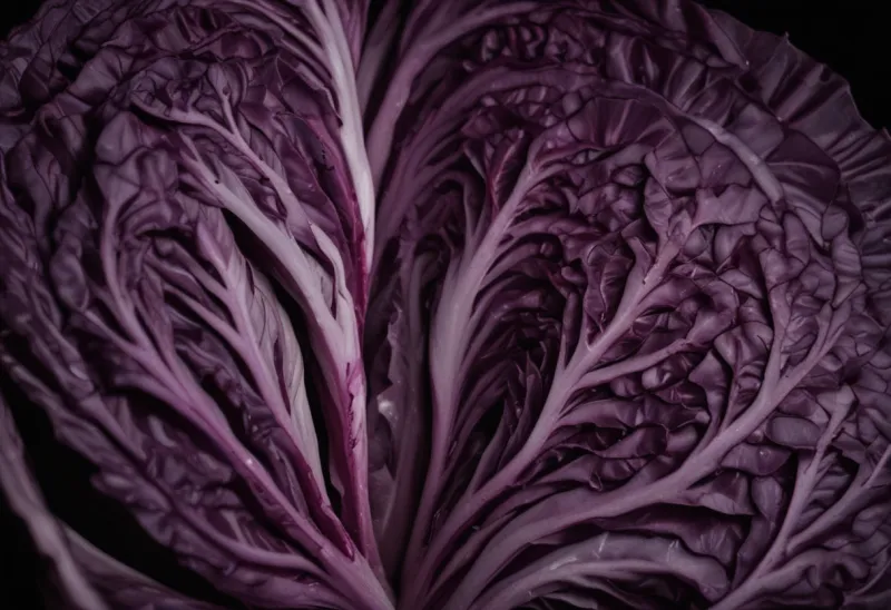 Macro photograph of a halved red cabbage, its pale branching veins fanning outward through dense deep-purple layers.