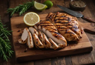 A grilled chicken breast resting on a wooden cutting board that fills the frame.
