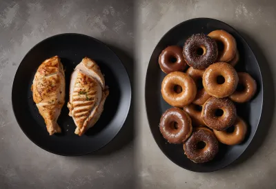 Overhead view of two identical dark oval plates side by side: the left holds two cooked chicken breasts, the right is heaped with about a dozen glazed donuts