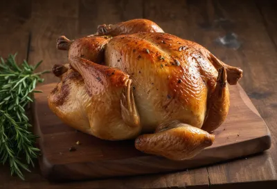 A whole roast chicken on a plain wooden cutting board.