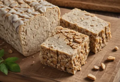 A block of tempeh part-sliced into thick slabs on a worn wooden board, the marbled soybean texture visible on the cut face