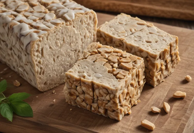 A block of tempeh part-sliced into thick slabs on a worn wooden board, the marbled soybean texture visible on the cut face
