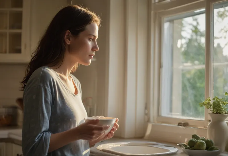 A woman seen in profile, backlit at a kitchen window at dawn, holding a bowl of yogurt