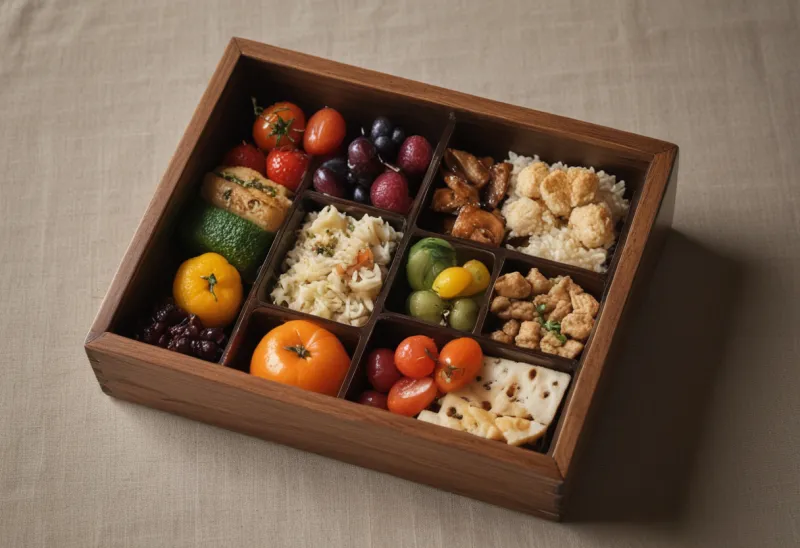 A small lacquered wooden bento box with neat compartments on a linen table runner.