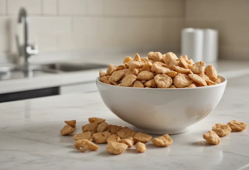 A deep bowl heaped high with pale puffed snack food, spilling over the rim onto a plain kitchen counter in soft daylight.