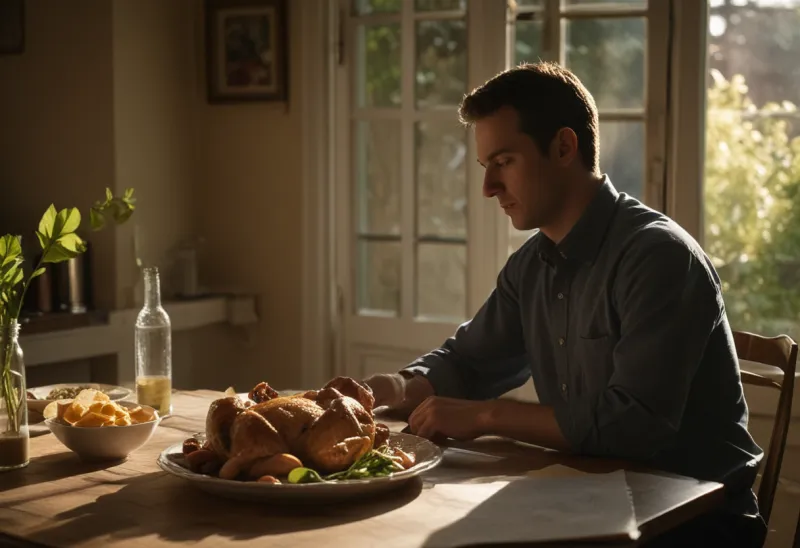 A person silhouetted at a table in warm evening light beside a heaped platter of sliced roast chicken