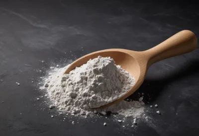 A plain wooden scoop heaped with pale protein powder on a bare stone counter, a light drift of powder spilling off one edge
