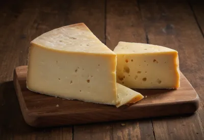 A wedge of hard aged cheese on a wooden cutting board.