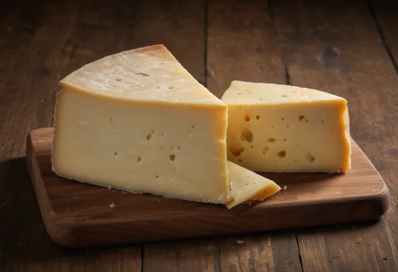 A wedge of hard aged cheese on a wooden cutting board.