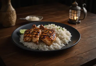 A plate of grilled chicken and white rice on a wooden dining table in a dim room at night, lit by one low lamp