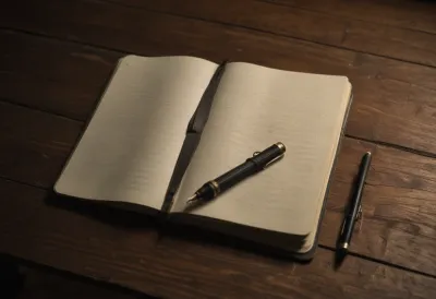 An open notebook with blank pages lying on a wooden desk.