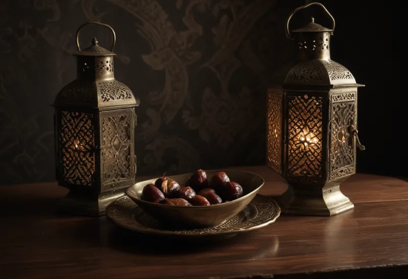 An ornate brass lantern with geometric cutouts on a low wooden table next to a small dish of dates