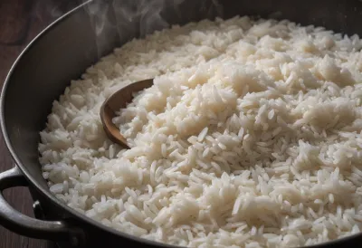 A saucepan of white rice simmering, grains swollen and glistening in bubbling water, seen from above