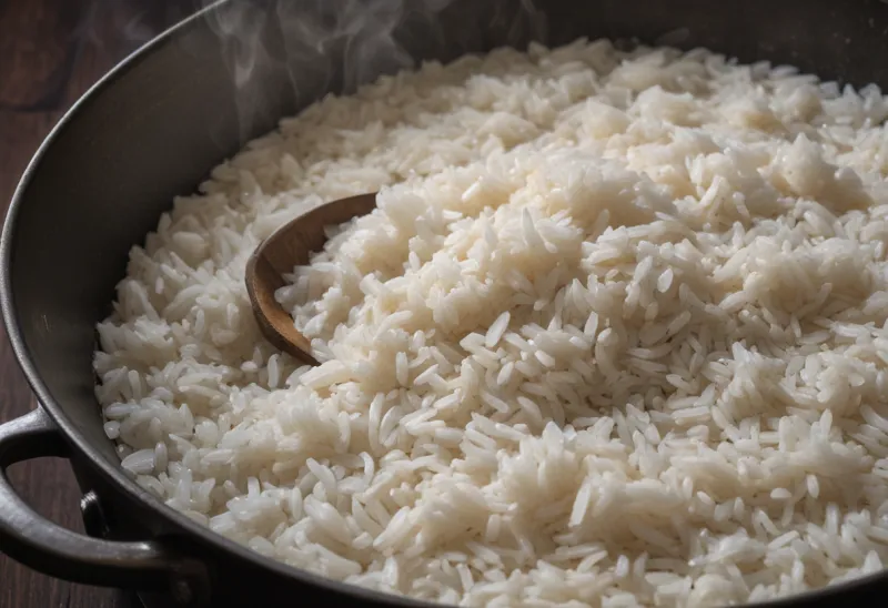 A saucepan of white rice simmering, grains swollen and glistening in bubbling water, seen from above