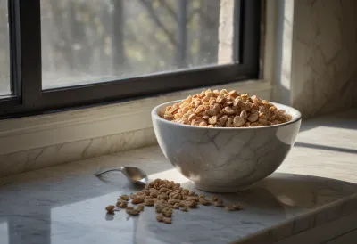 A white bowl overfilled with breakfast cereal on a pale marble counter, loose flakes scattered around the base in cool morning light.