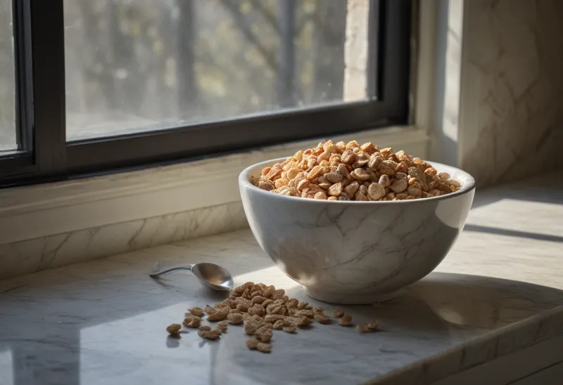 A white bowl overfilled with breakfast cereal on a pale marble counter, loose flakes scattered around the base in cool morning light.