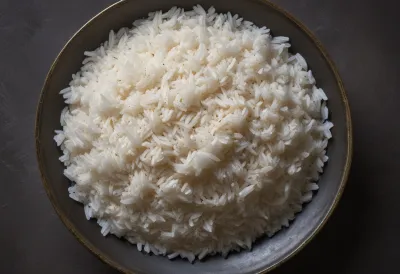 An overhead view of a large platter heaped with steaming plain white rice on a scratched steel countertop.