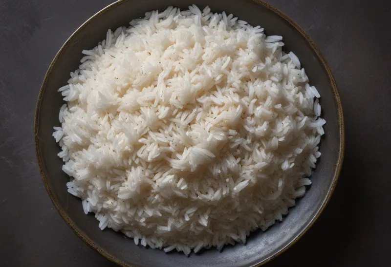 An overhead view of a large platter heaped with steaming plain white rice on a scratched steel countertop.