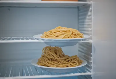 A bare white dish of cold coiled spaghetti alone on a refrigerator shelf under cold blue light.