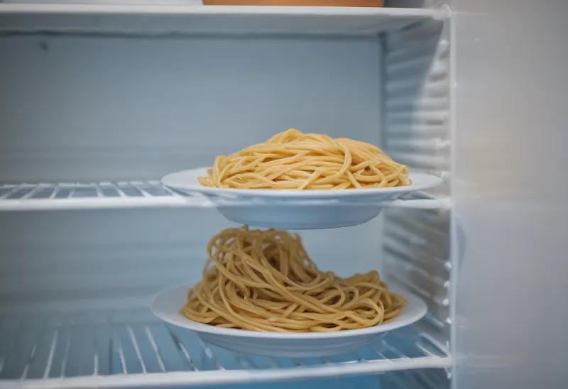 A bare white dish of cold coiled spaghetti alone on a refrigerator shelf under cold blue light.