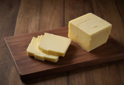 A solid block of butter resting on a wooden board.