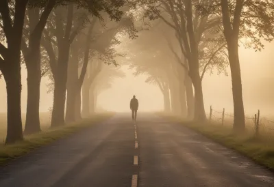A lone walker in silhouette, small in the frame, on an empty misty road at first light