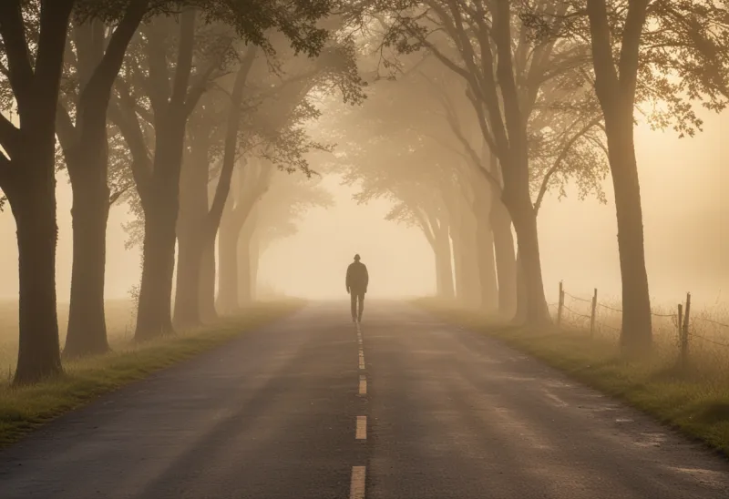 A lone walker in silhouette, small in the frame, on an empty misty road at first light