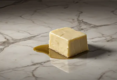 A golden pat of butter beside a small pour of olive oil on pale marble under a single warm highlight.