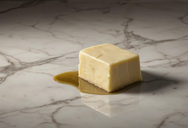 A golden pat of butter beside a small pour of olive oil on pale marble under a single warm highlight.