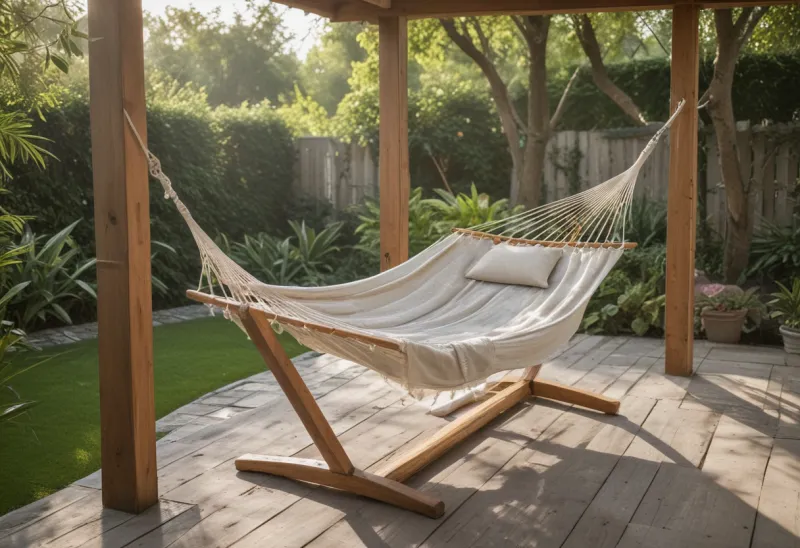 A canvas hammock strung between two weathered wooden posts in a quiet garden.