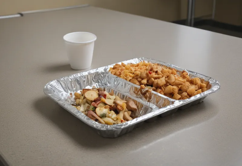 A half-eaten meal in a foil tray on a bare table in a windowless staff break room under flat fluorescent light.