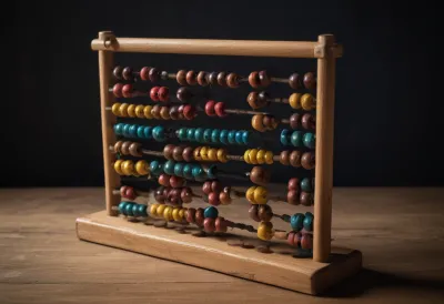 A wooden abacus with plain round beads on a kitchen table.