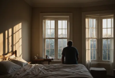 A lone person sitting on the edge of a bed at first light, silhouetted against a dim window, head lowered