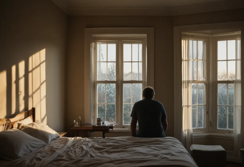 A lone person sitting on the edge of a bed at first light, silhouetted against a dim window, head lowered