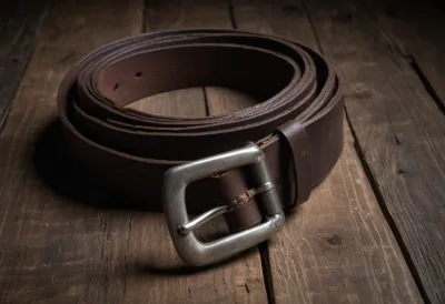 A worn leather belt with a plain metal buckle, coiled in a tight spiral on dark weathered wood