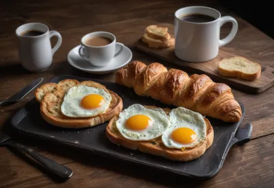 An abundant breakfast of fried eggs, buttered toast, a croissant and a full mug of coffee spread across a worn wooden kitchen table
