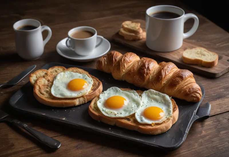 An abundant breakfast of fried eggs, buttered toast, a croissant and a full mug of coffee spread across a worn wooden kitchen table