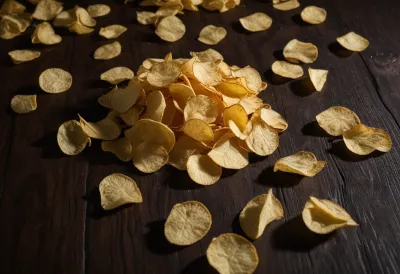Potato chips scattered across dark wood in raking low light, one chip broken in the foreground