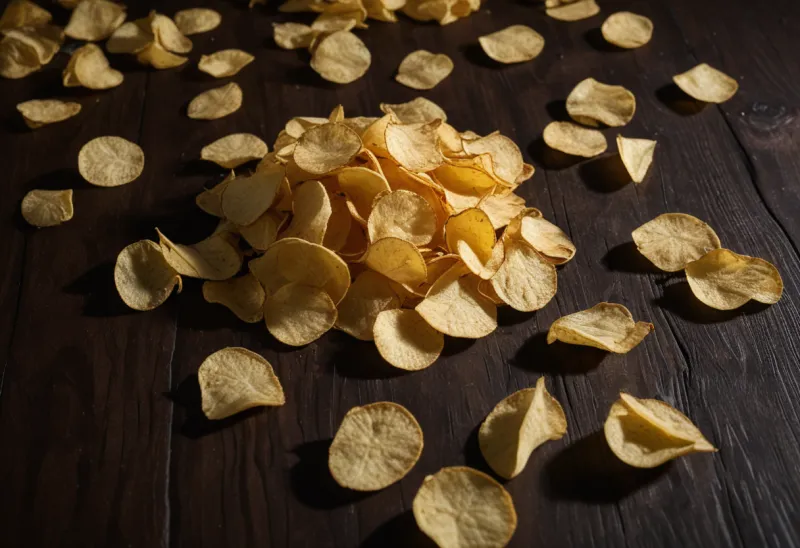 Potato chips scattered across dark wood in raking low light, one chip broken in the foreground