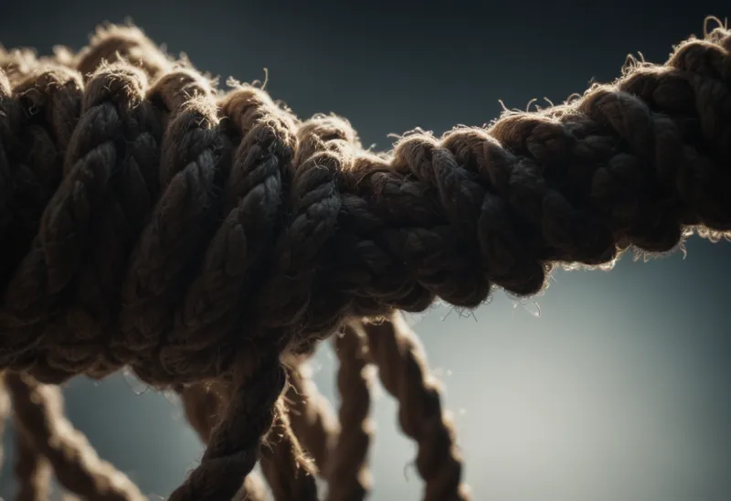 A taut rope frayed almost through, only a few last fibers still holding, in an extreme close-up under cold morning light